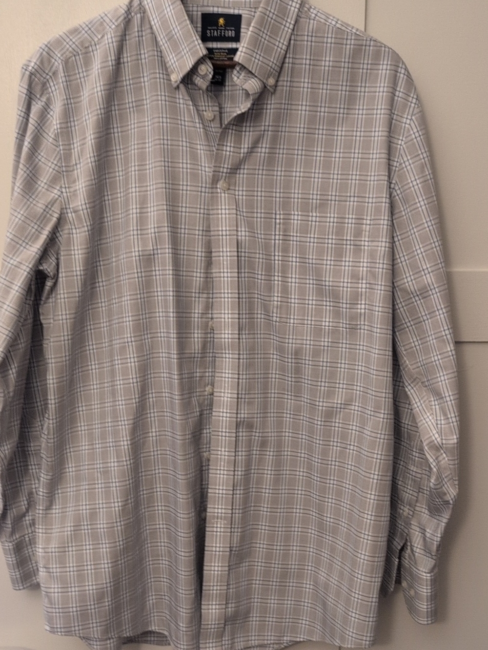 Stafford Beige and White Plaid Button-Down Dress Shirt